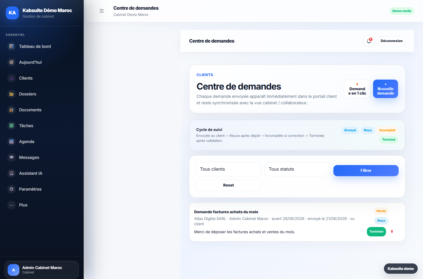 Vue PC du centre de demandes Kabsuite